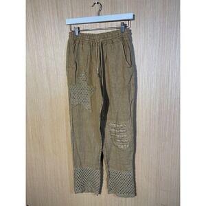 Puro Lino Italy Womens Tan Linen Star Patch Crochet Hem Pants Elastic Waist TU